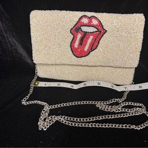 Cream and Red Clutch with Iconic Lips Design Shirdee Rolling Stones